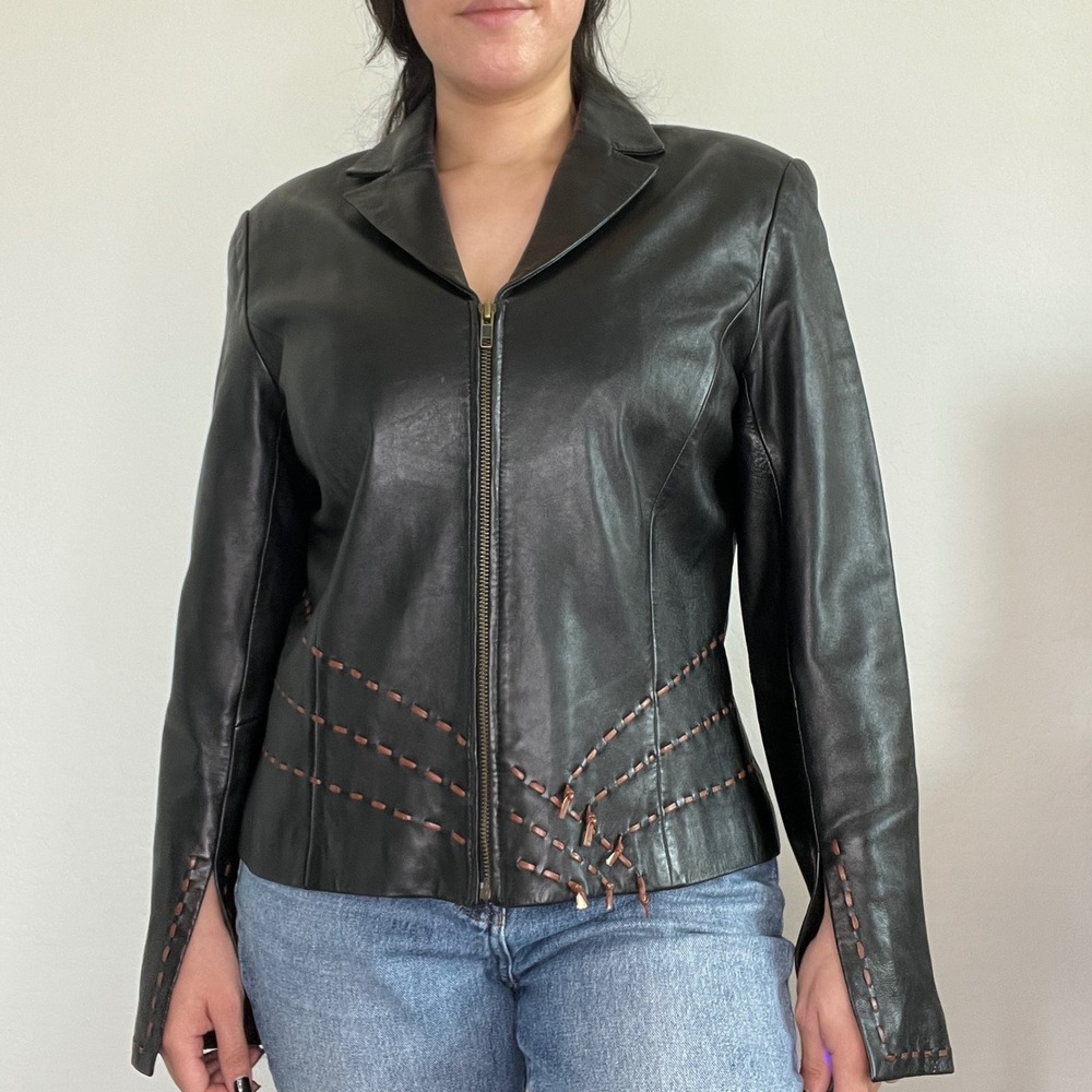 Vakko Sport Leather Jacket Womens L Black Whipstitch Zip Front Lambskin
